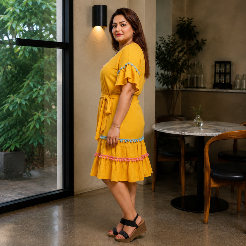 Elegant Boho Embroidered Pom-Pom Dress
