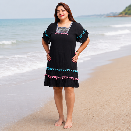 Elegant Boho Embroidered Pom-Pom Dress