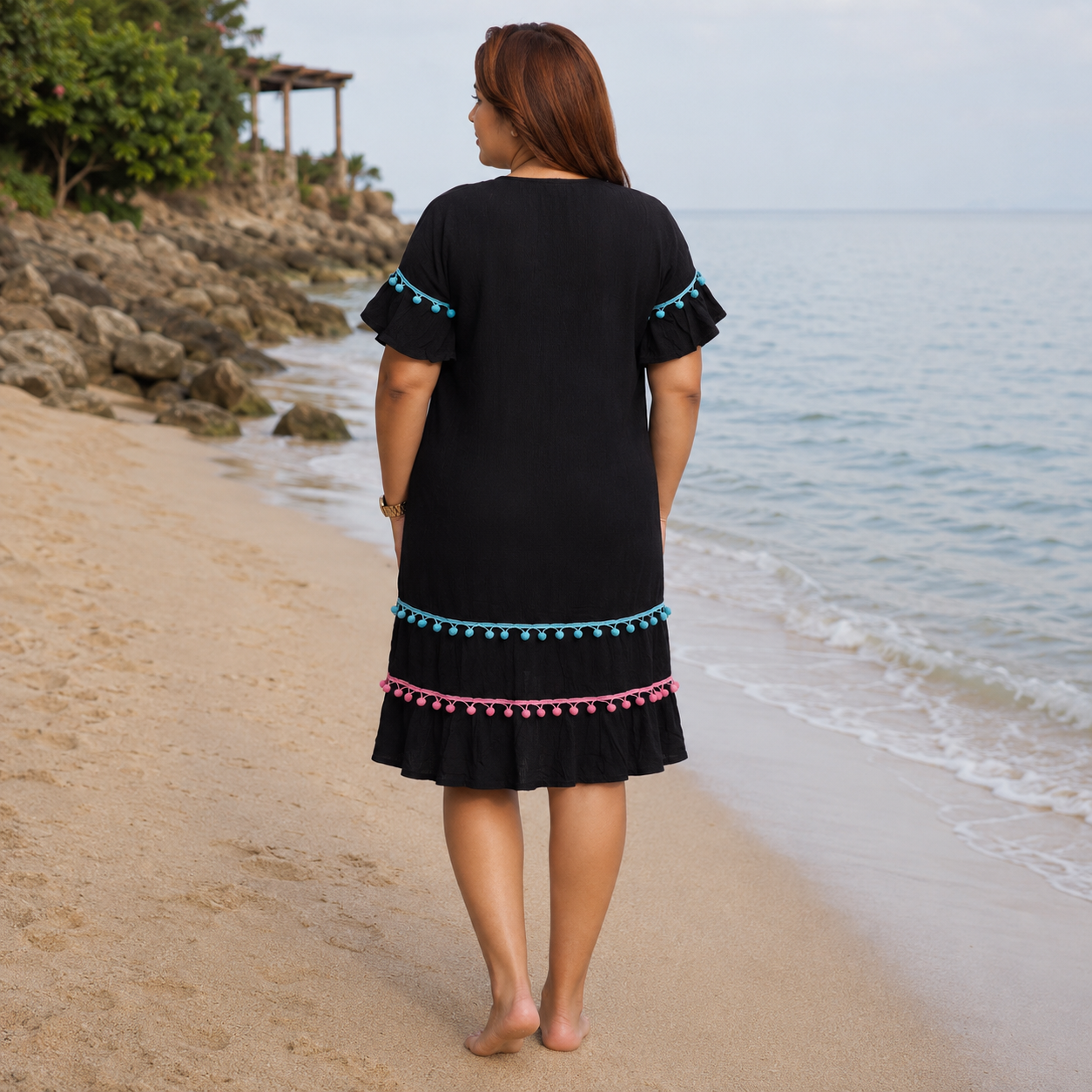 Elegant Boho Embroidered Pom-Pom Dress