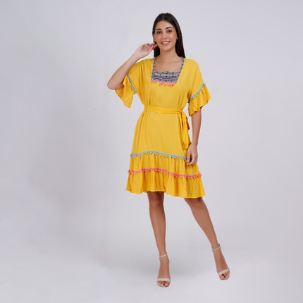 Elegant Boho Embroidered Pom-Pom Dress