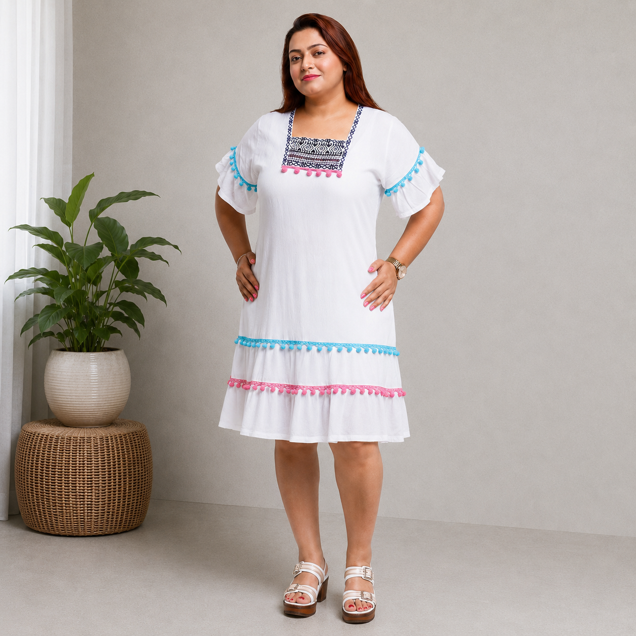 Elegant Boho Embroidered Pom-Pom Dress