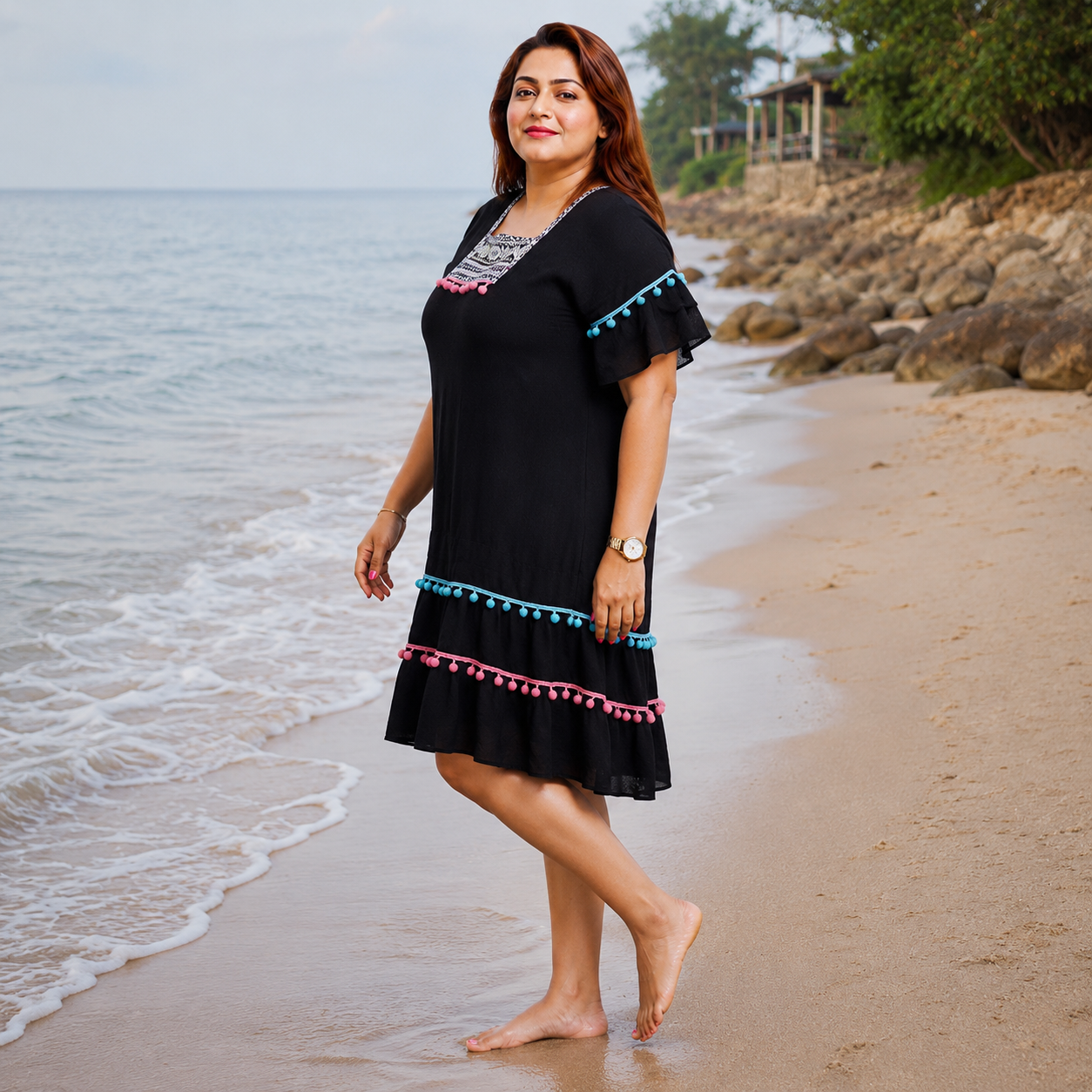 Elegant Boho Embroidered Pom-Pom Dress