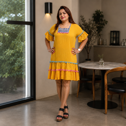 Elegant Boho Embroidered Pom-Pom Dress