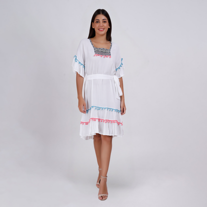 Elegant Boho Embroidered Pom-Pom Dress