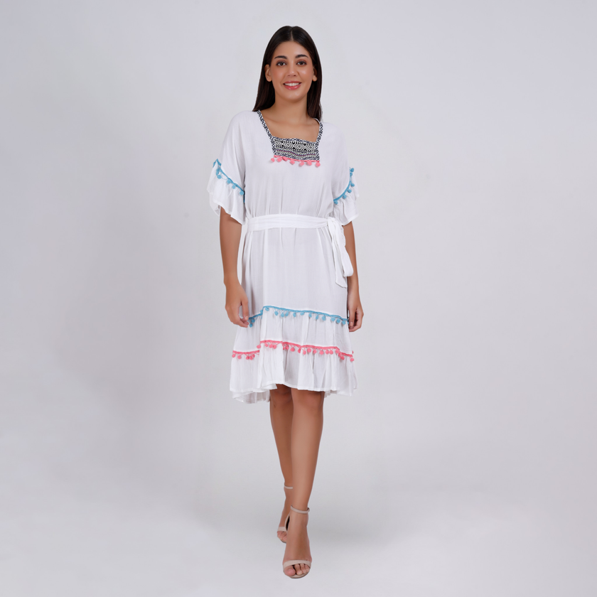 Elegant Boho Embroidered Pom-Pom Dress