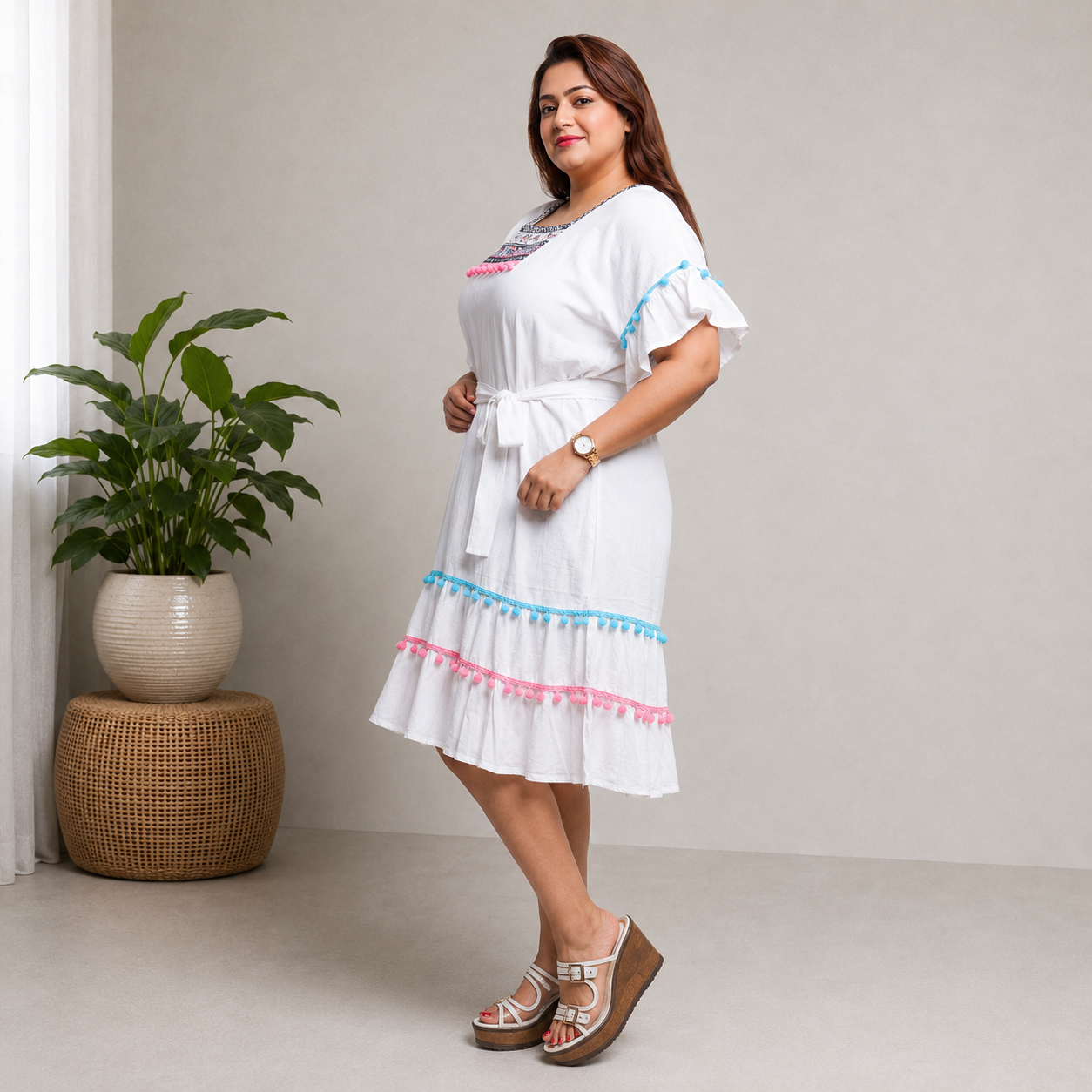 Elegant Boho Embroidered Pom-Pom Dress