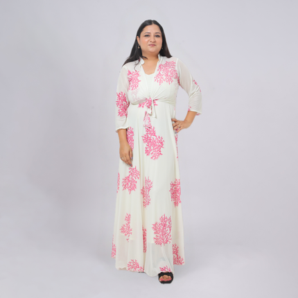 Effortless Coral Print Maxi Set with Tie-Front Shrug