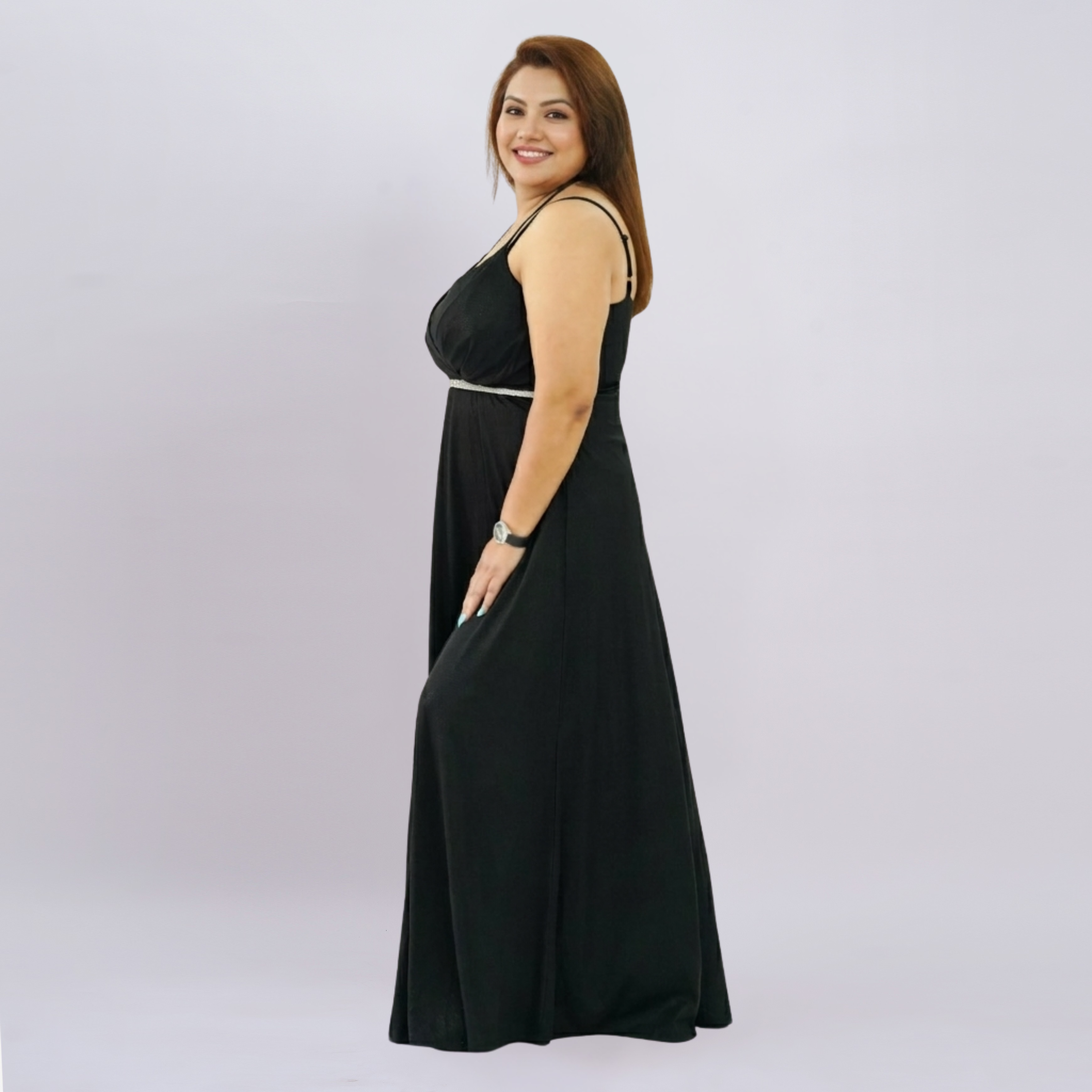Embellished Empire Waist Shimmer Gown with Halter Straps