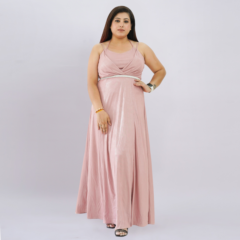 Embellished Empire Waist Shimmer Gown with Halter Straps