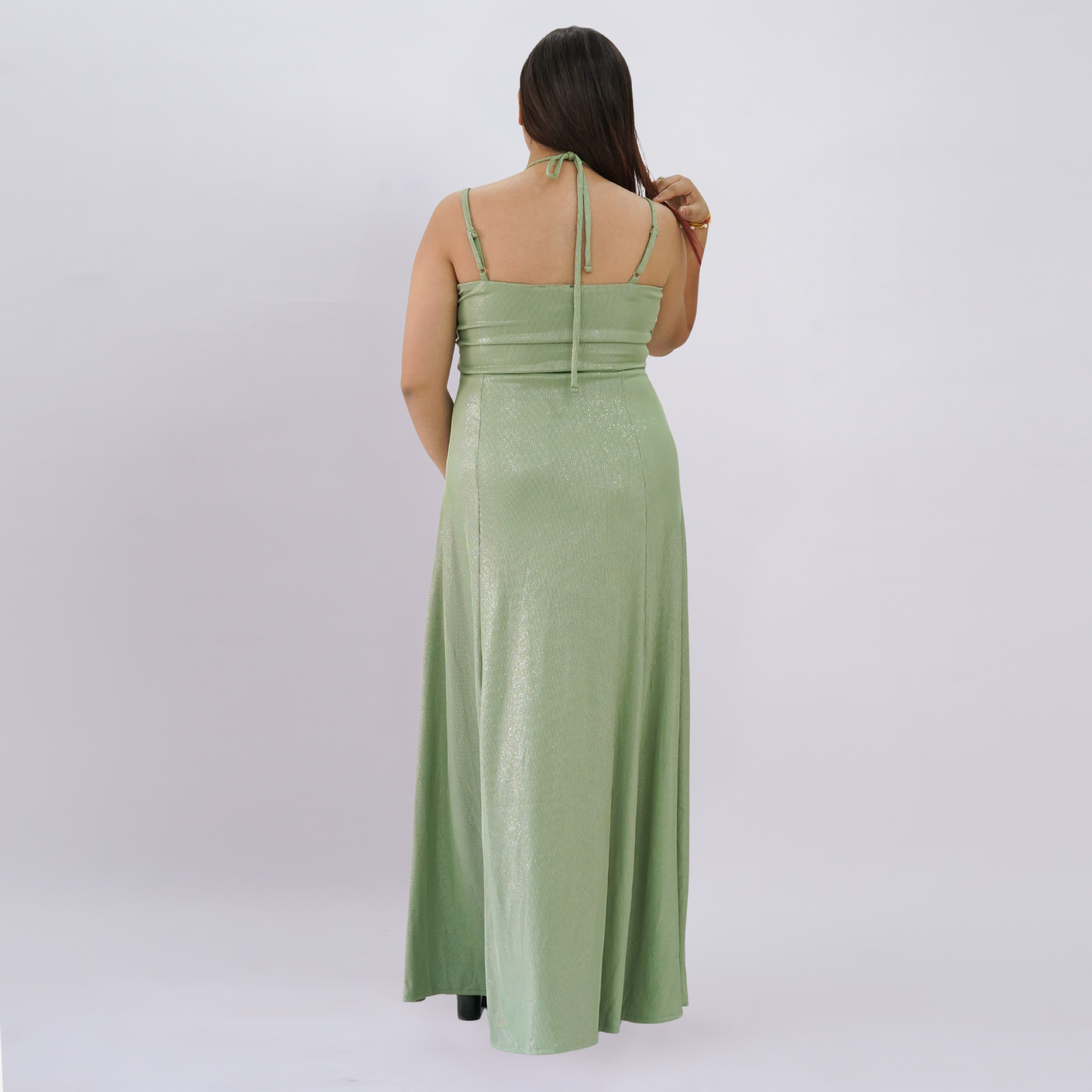 Embellished Empire Waist Shimmer Gown with Halter Straps