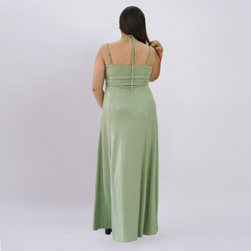 Embellished Empire Waist Shimmer Gown with Halter Straps