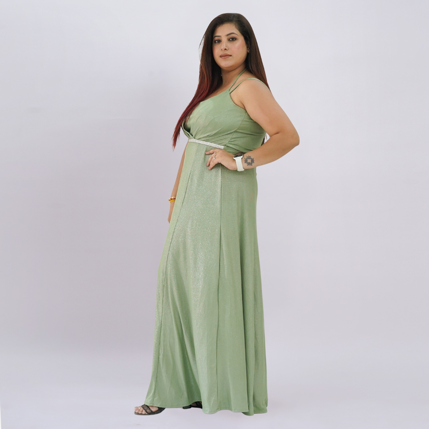 Embellished Empire Waist Shimmer Gown with Halter Straps