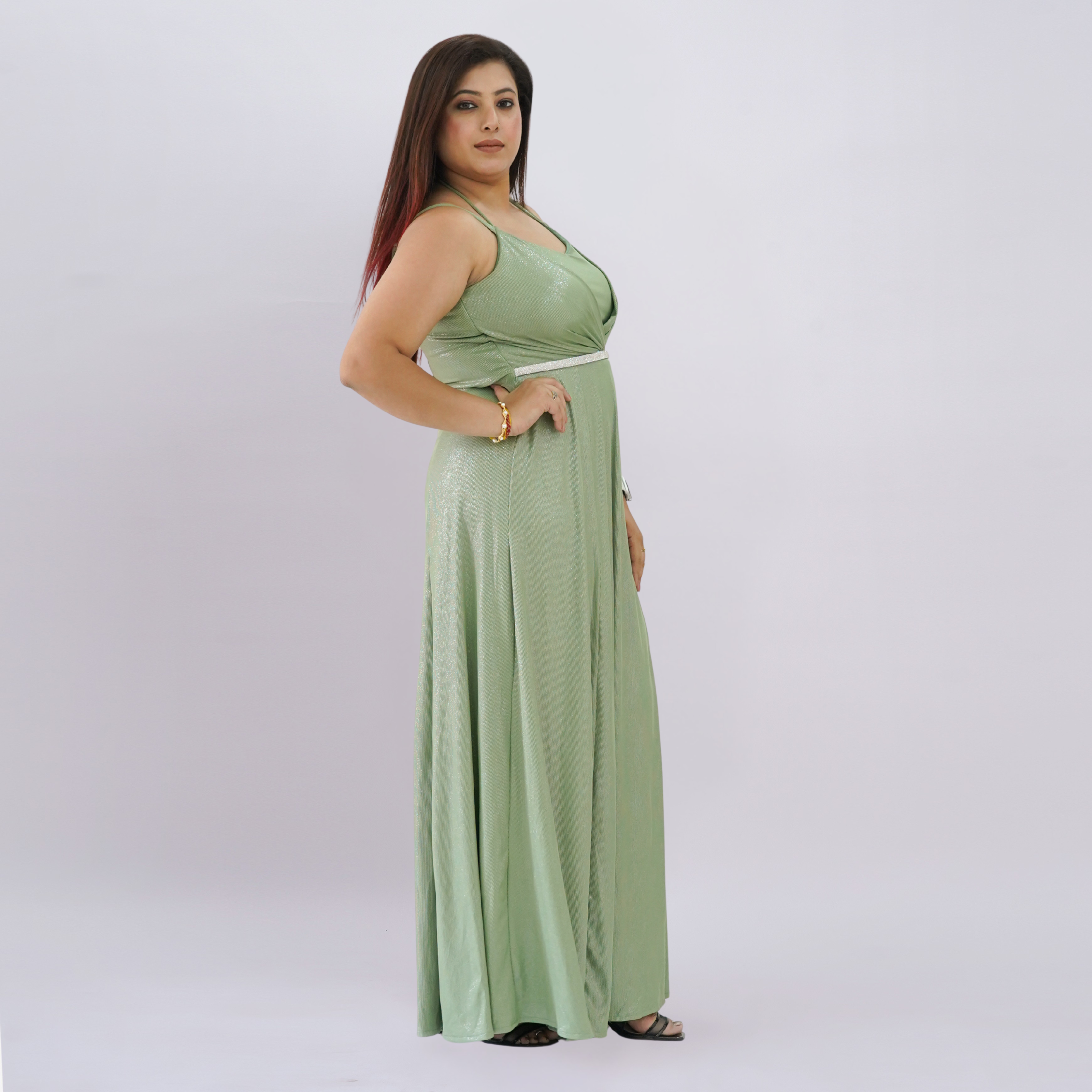 Embellished Empire Waist Shimmer Gown with Halter Straps