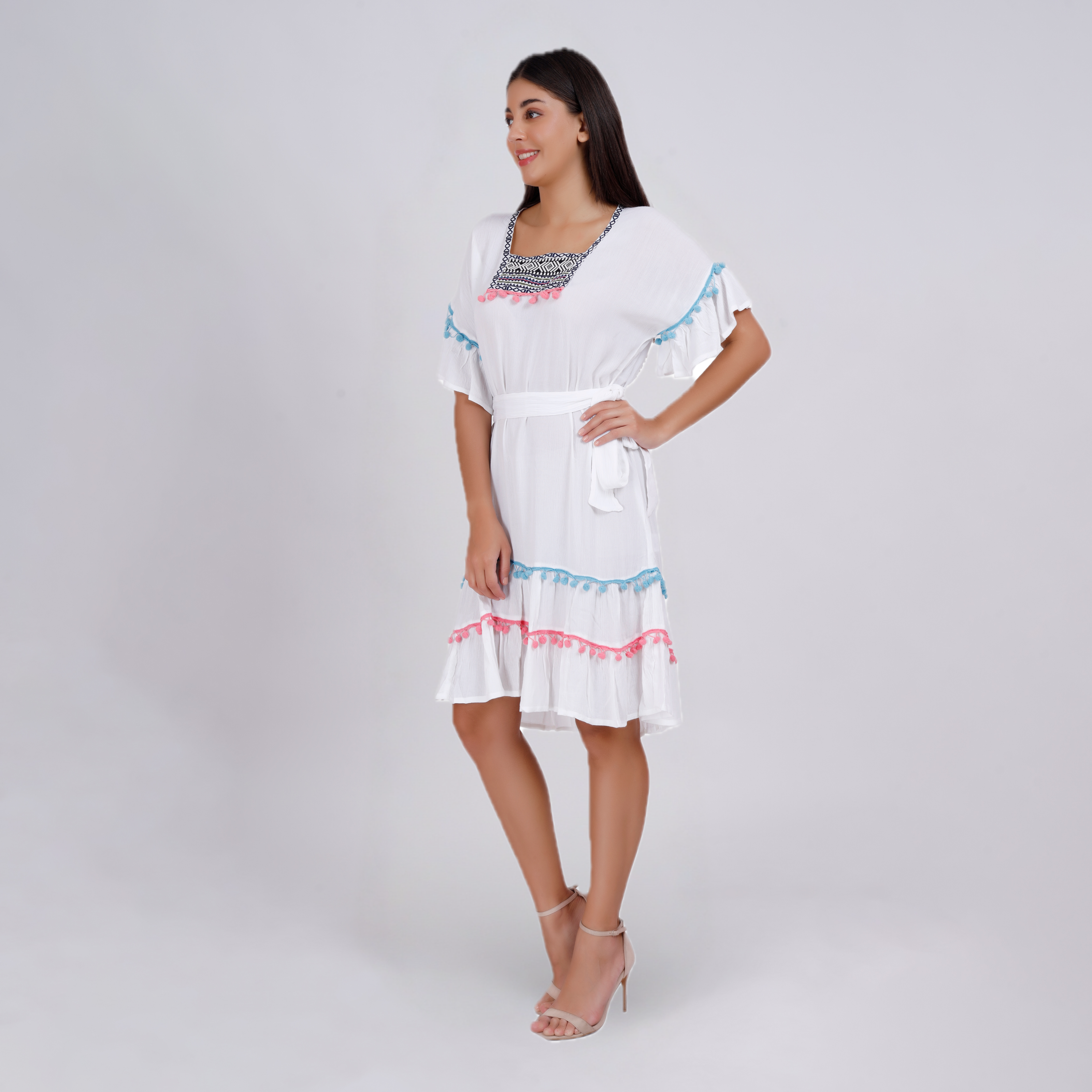 Elegant Boho Embroidered Pom-Pom Dress