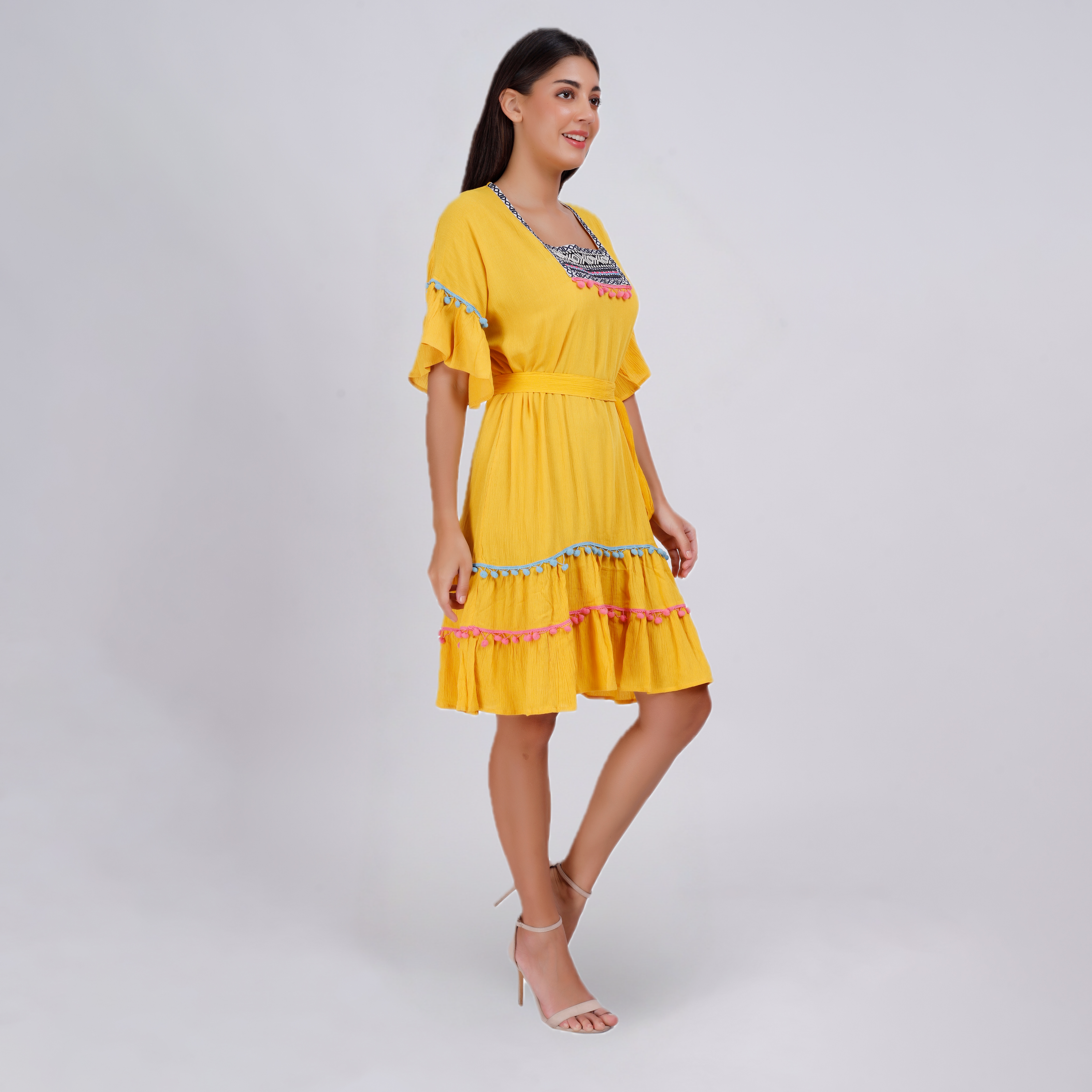 Elegant Boho Embroidered Pom-Pom Dress