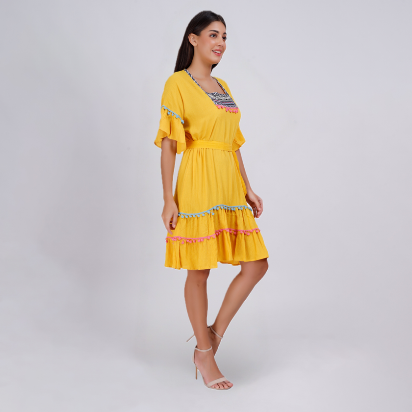 Elegant Boho Embroidered Pom-Pom Dress