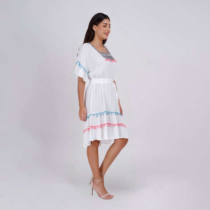 Elegant Boho Embroidered Pom-Pom Dress