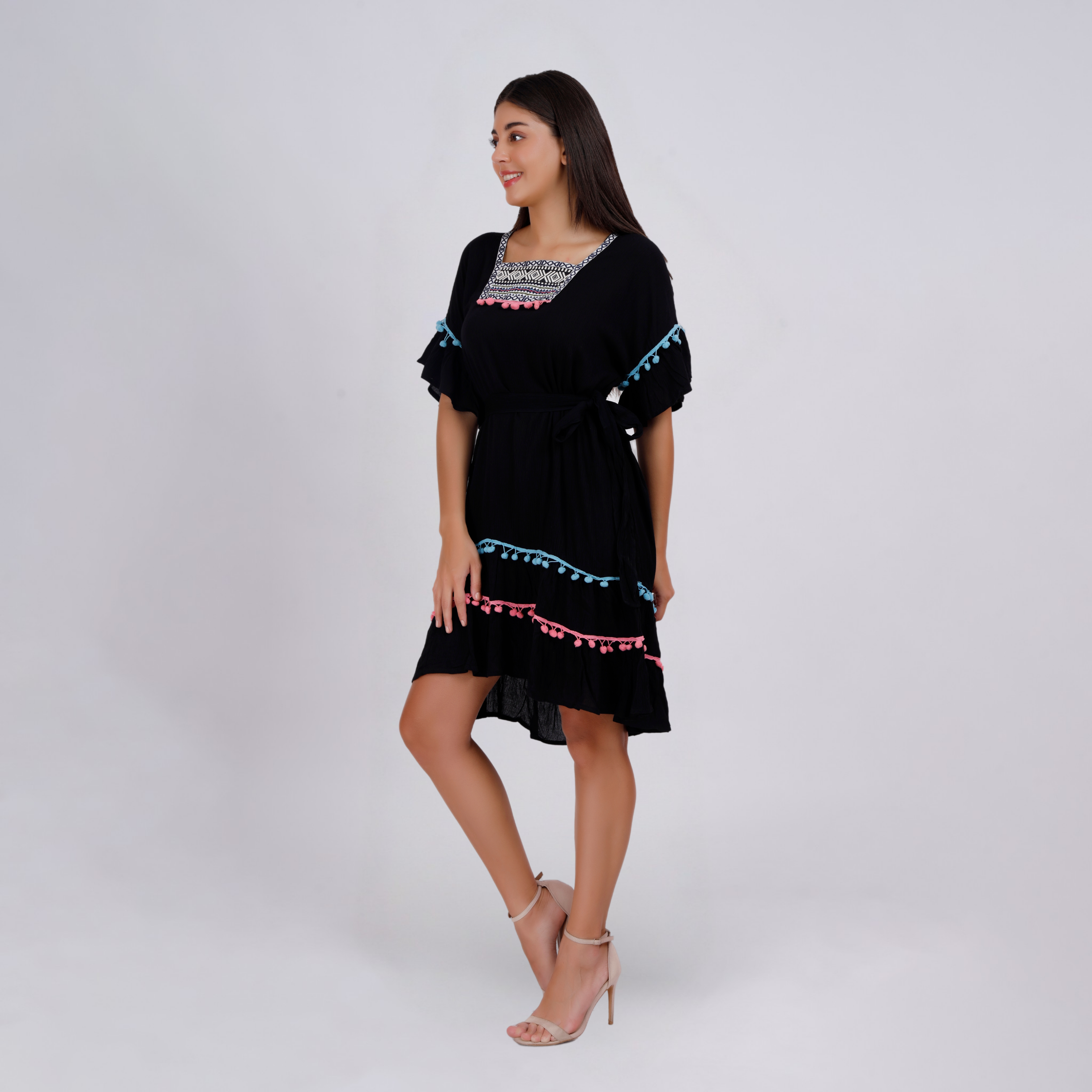 Elegant Boho Embroidered Pom-Pom Dress
