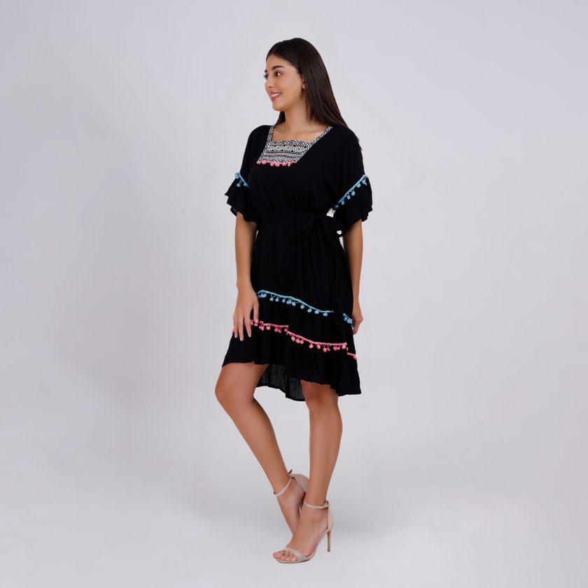 Elegant Boho Embroidered Pom-Pom Dress
