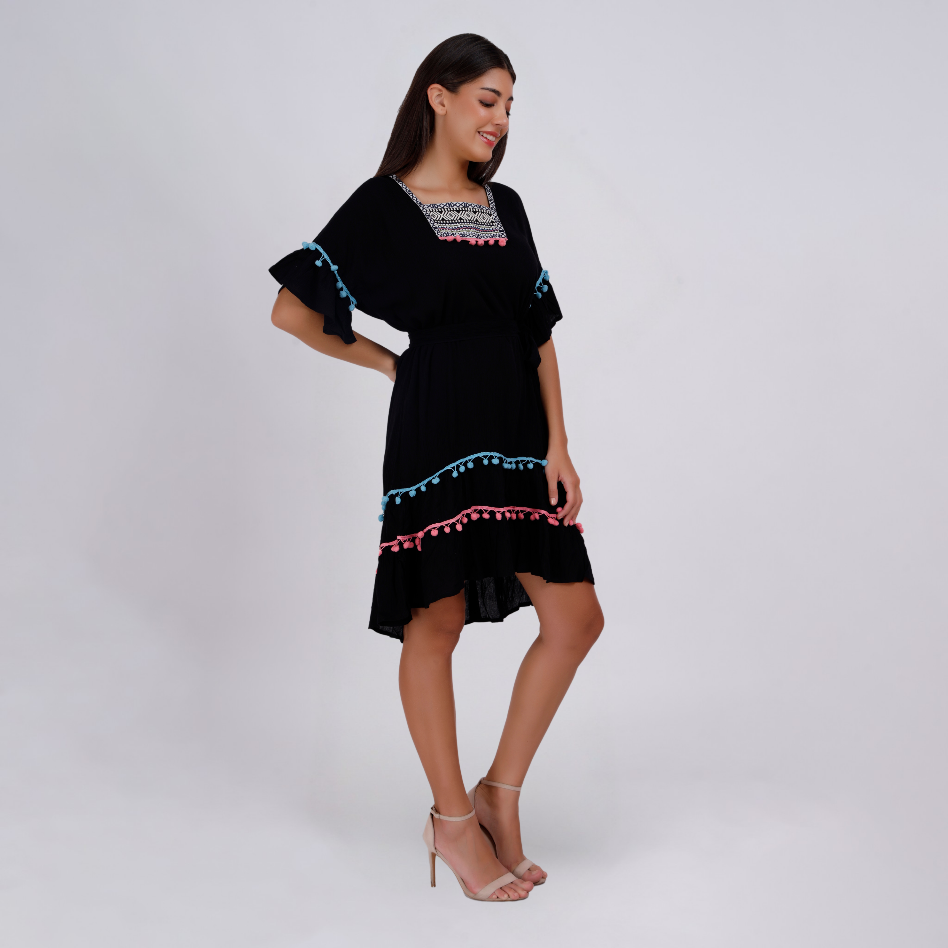 Elegant Boho Embroidered Pom-Pom Dress