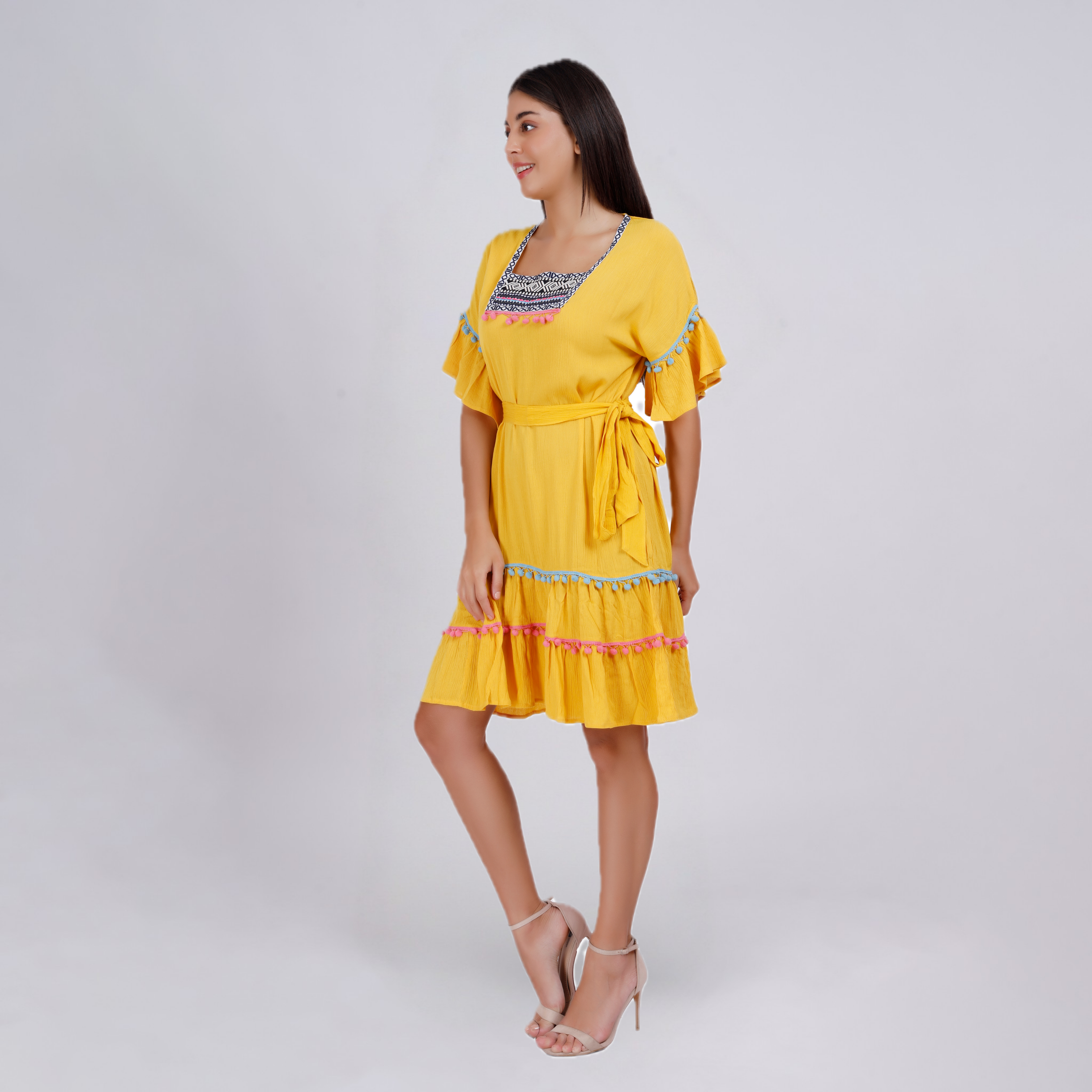 Elegant Boho Embroidered Pom-Pom Dress