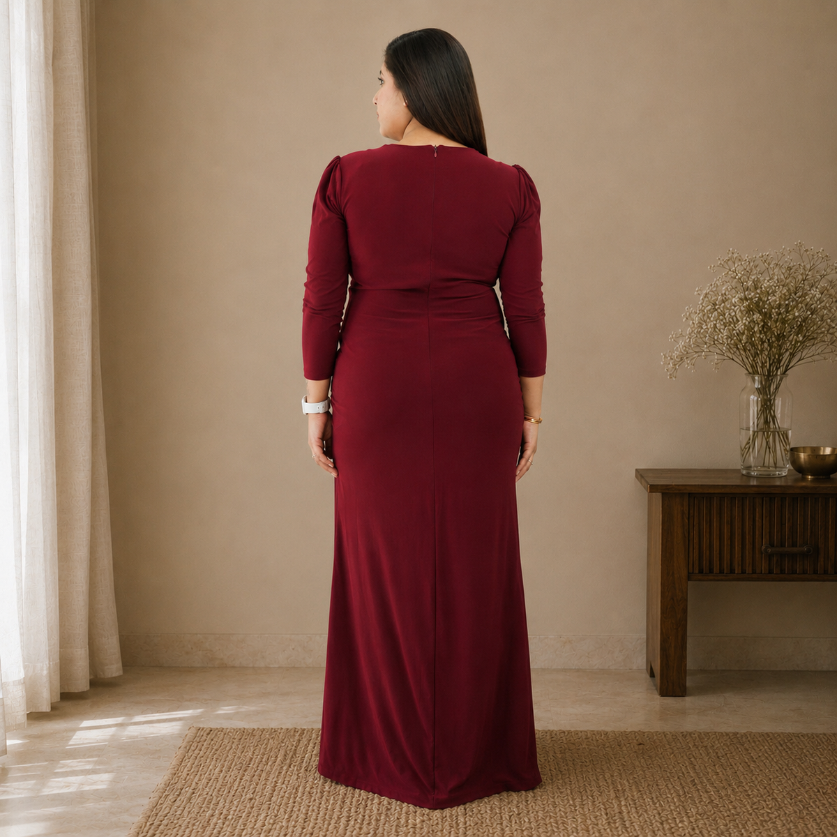 Floral Appliqué Ruched Maxi Gown