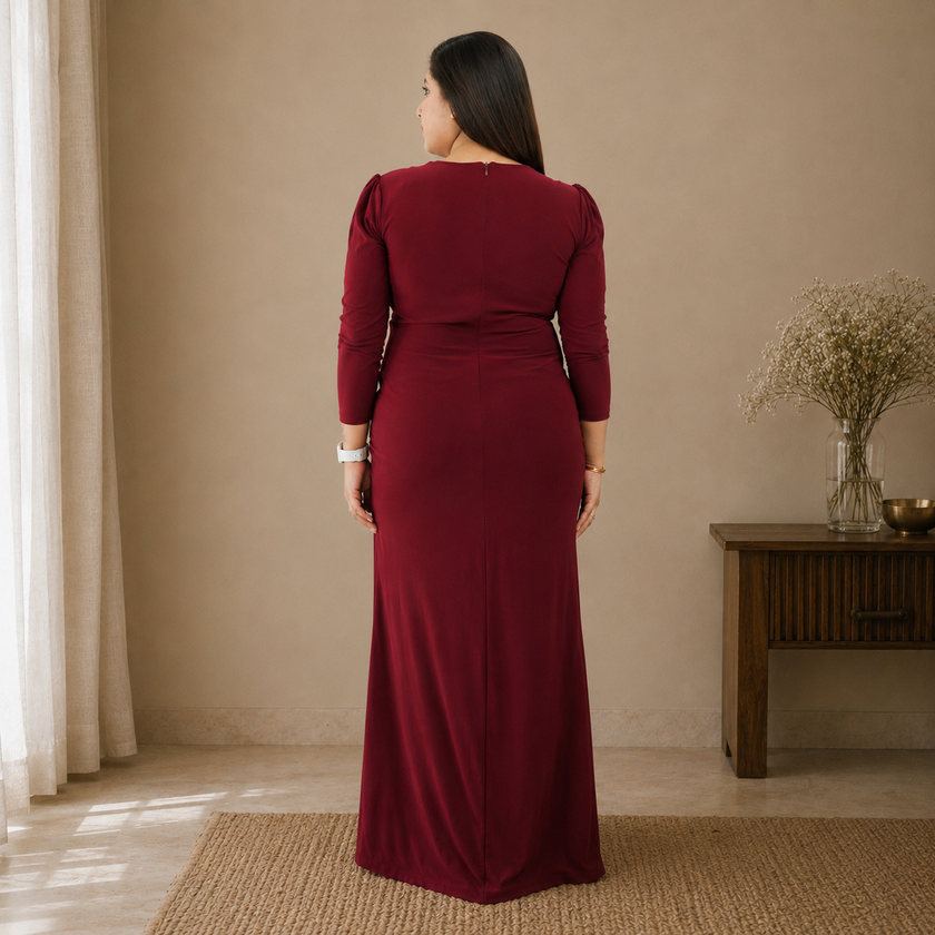 Floral Appliqué Ruched Maxi Gown