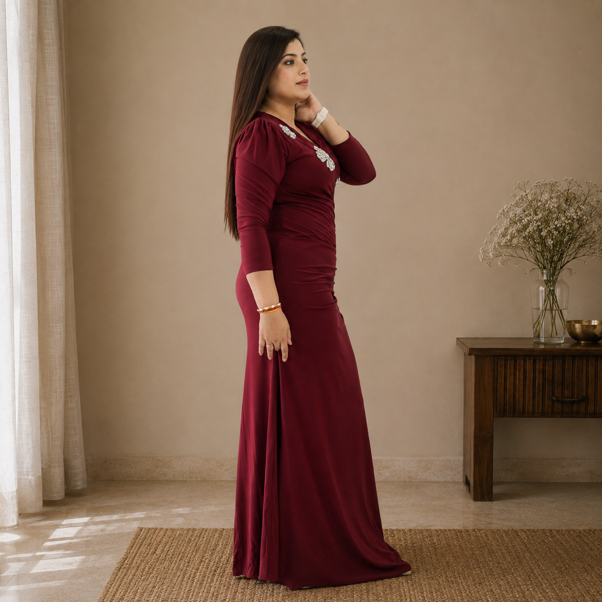 Floral Appliqué Ruched Maxi Gown