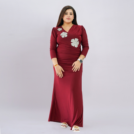 Floral Appliqué Ruched Maxi Gown