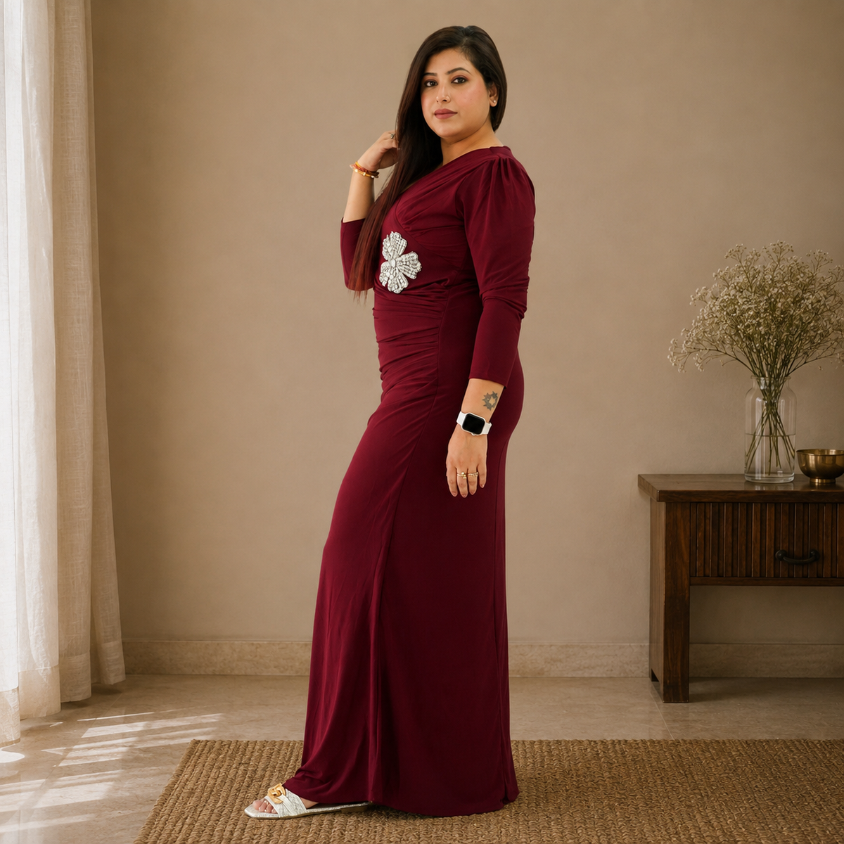 Floral Appliqué Ruched Maxi Gown