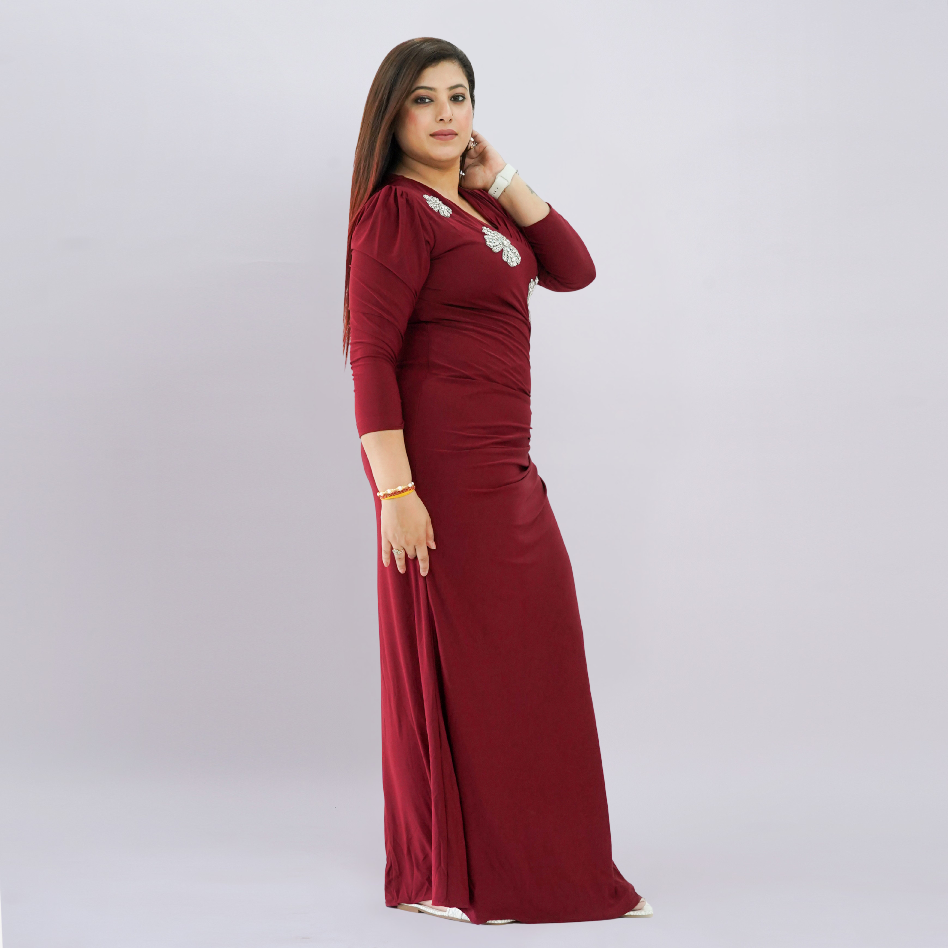 Floral Appliqué Ruched Maxi Gown