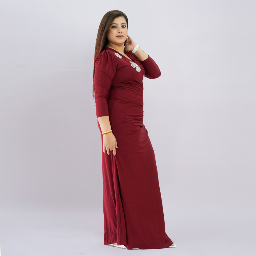 Floral Appliqué Ruched Maxi Gown
