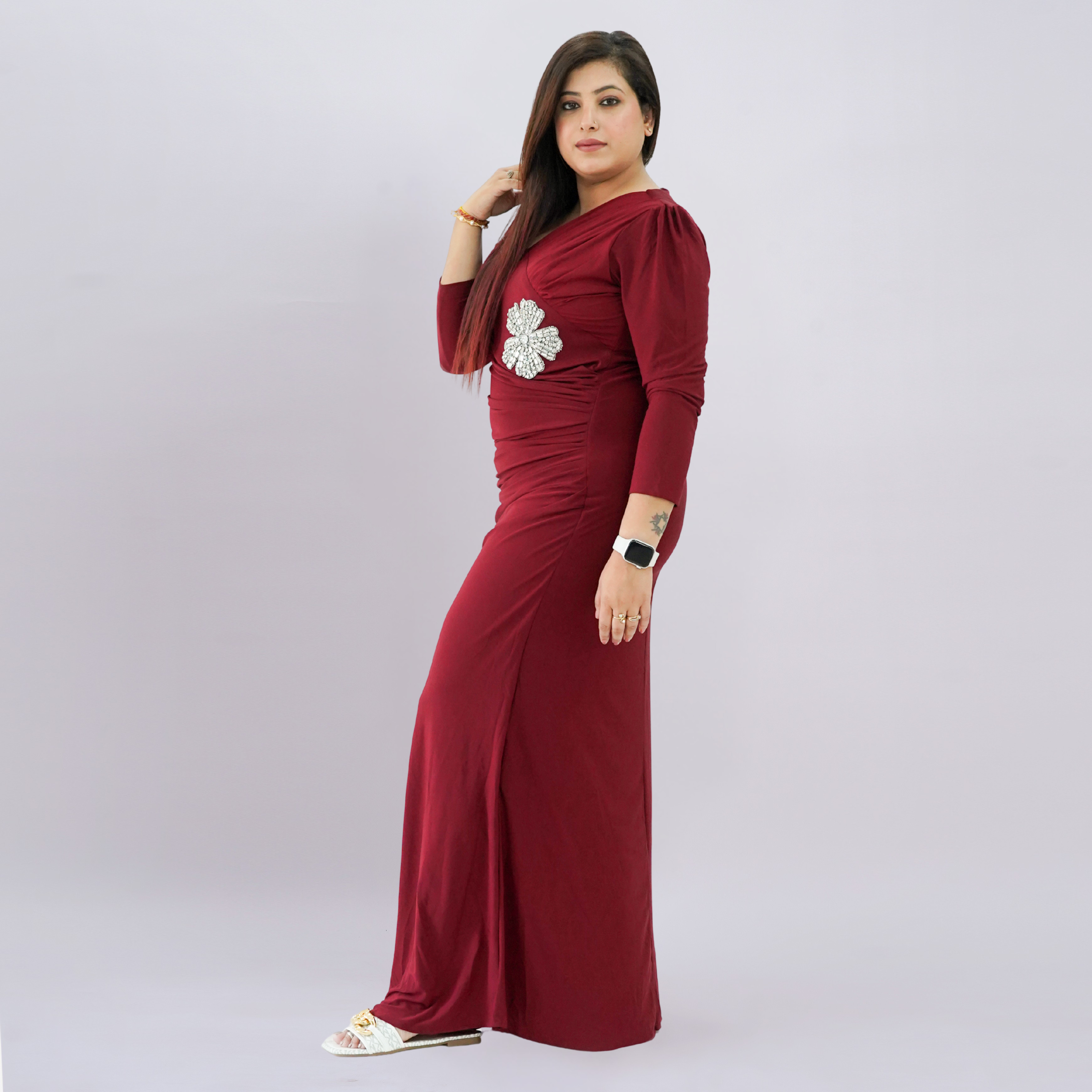 Floral Appliqué Ruched Maxi Gown