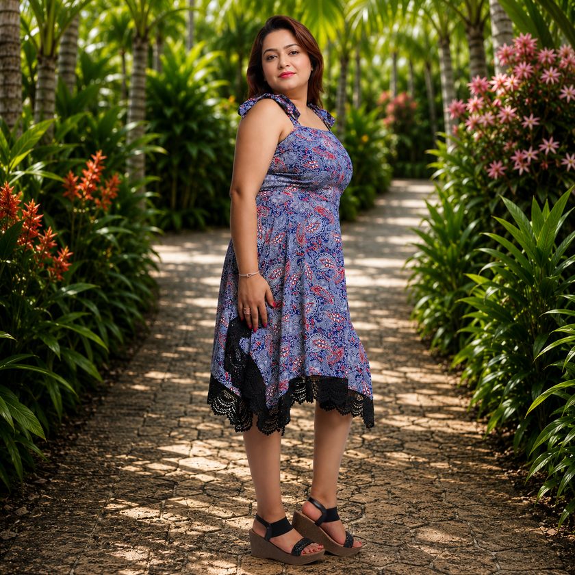 Floral Midi Dress with Handkerchief Hem & Lace Trim