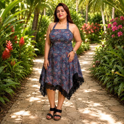 Floral Midi Dress with Handkerchief Hem & Lace Trim