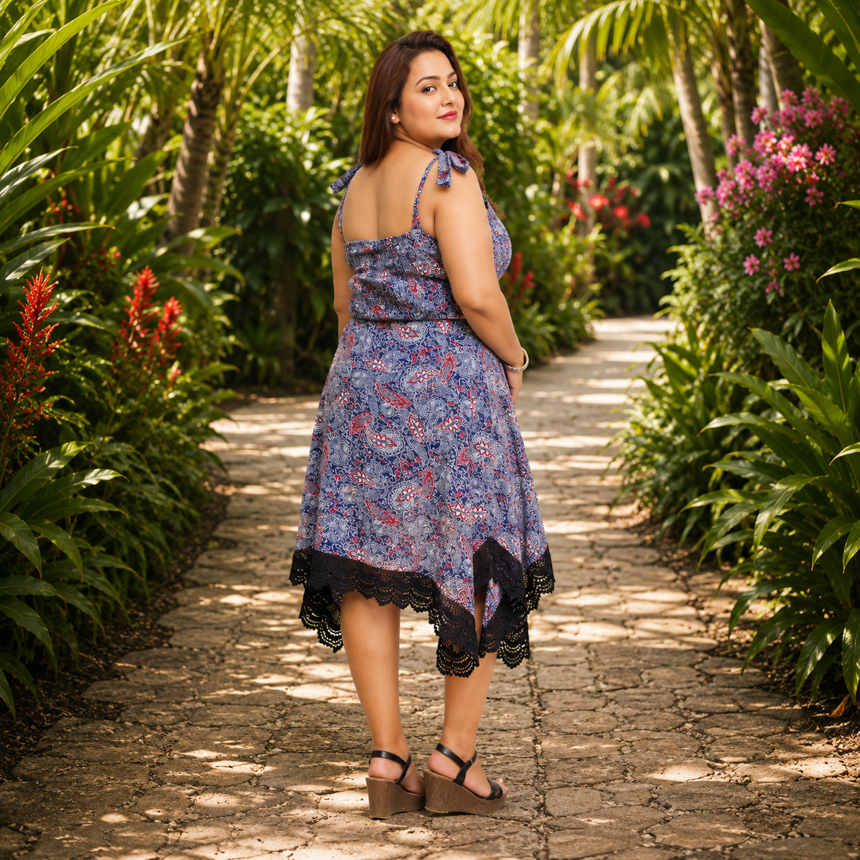 Floral Midi Dress with Handkerchief Hem & Lace Trim