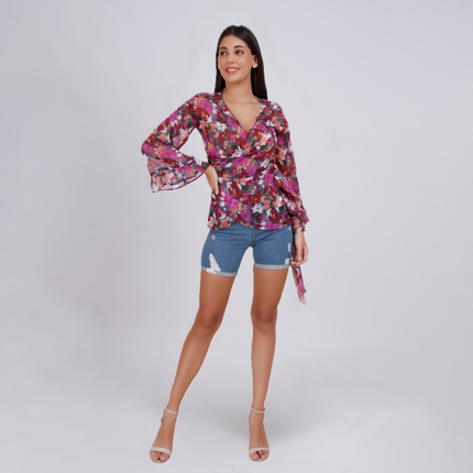 Floral V-Neck Wrap Blouse with Bell Sleeves