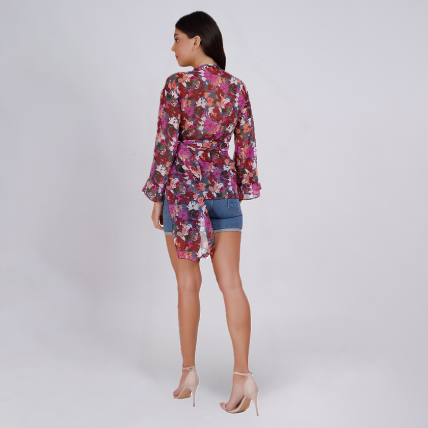 Floral V-Neck Wrap Blouse with Bell Sleeves