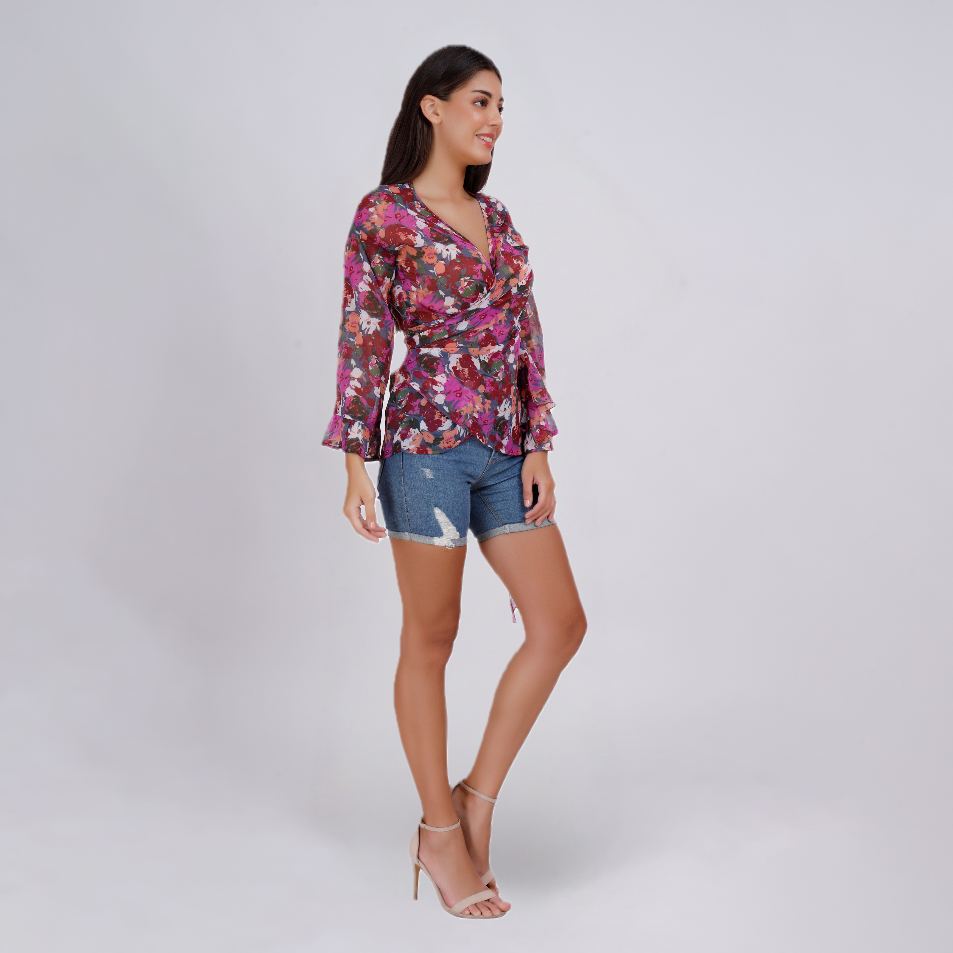 Floral V-Neck Wrap Blouse with Bell Sleeves