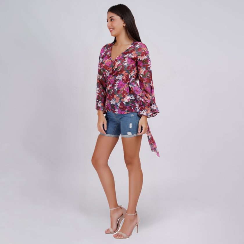 Floral V-Neck Wrap Blouse with Bell Sleeves