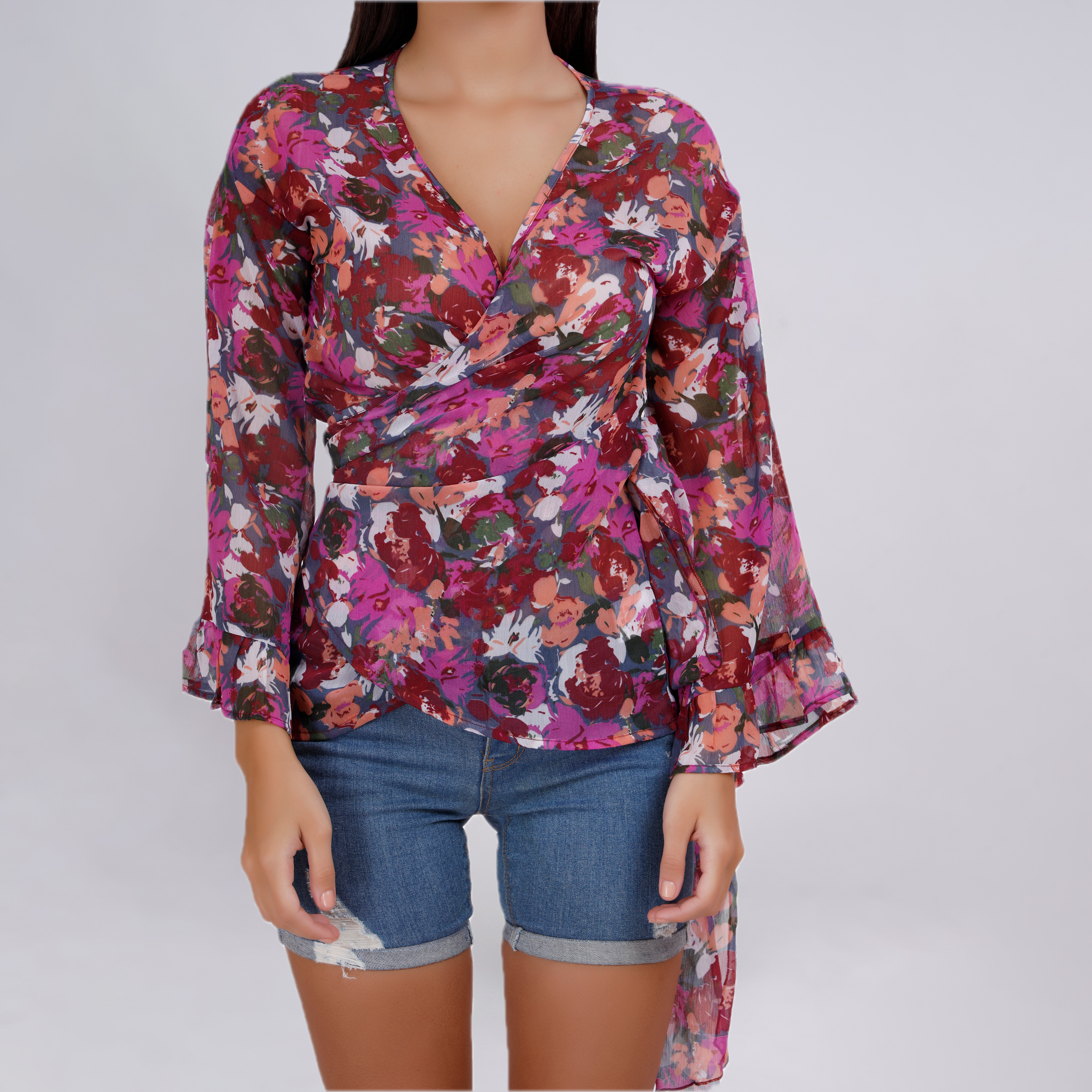 Floral V-Neck Wrap Blouse with Bell Sleeves