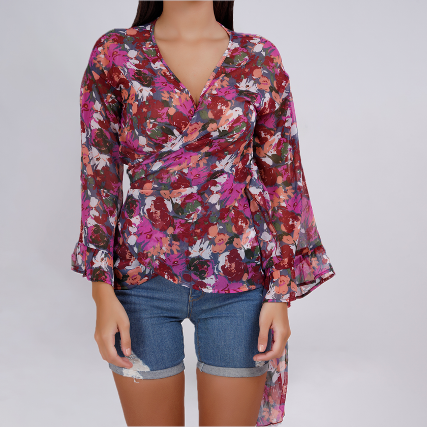 Floral V-Neck Wrap Blouse with Bell Sleeves