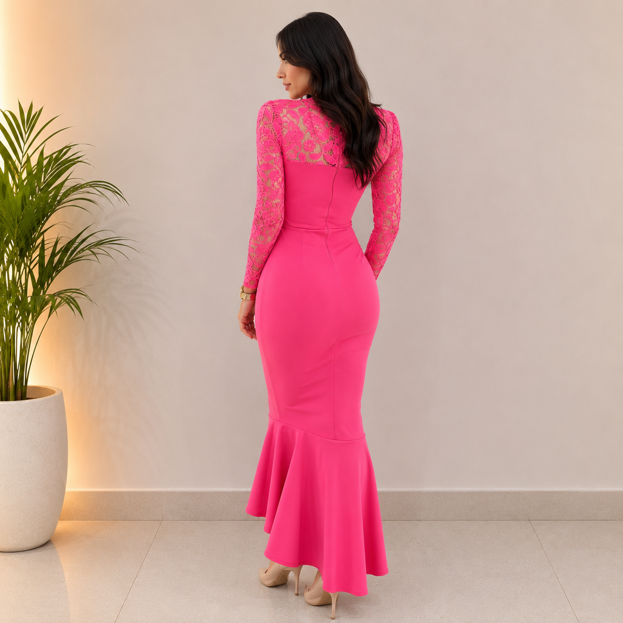 Frill Hem Lace Overlay Bodycon Dress