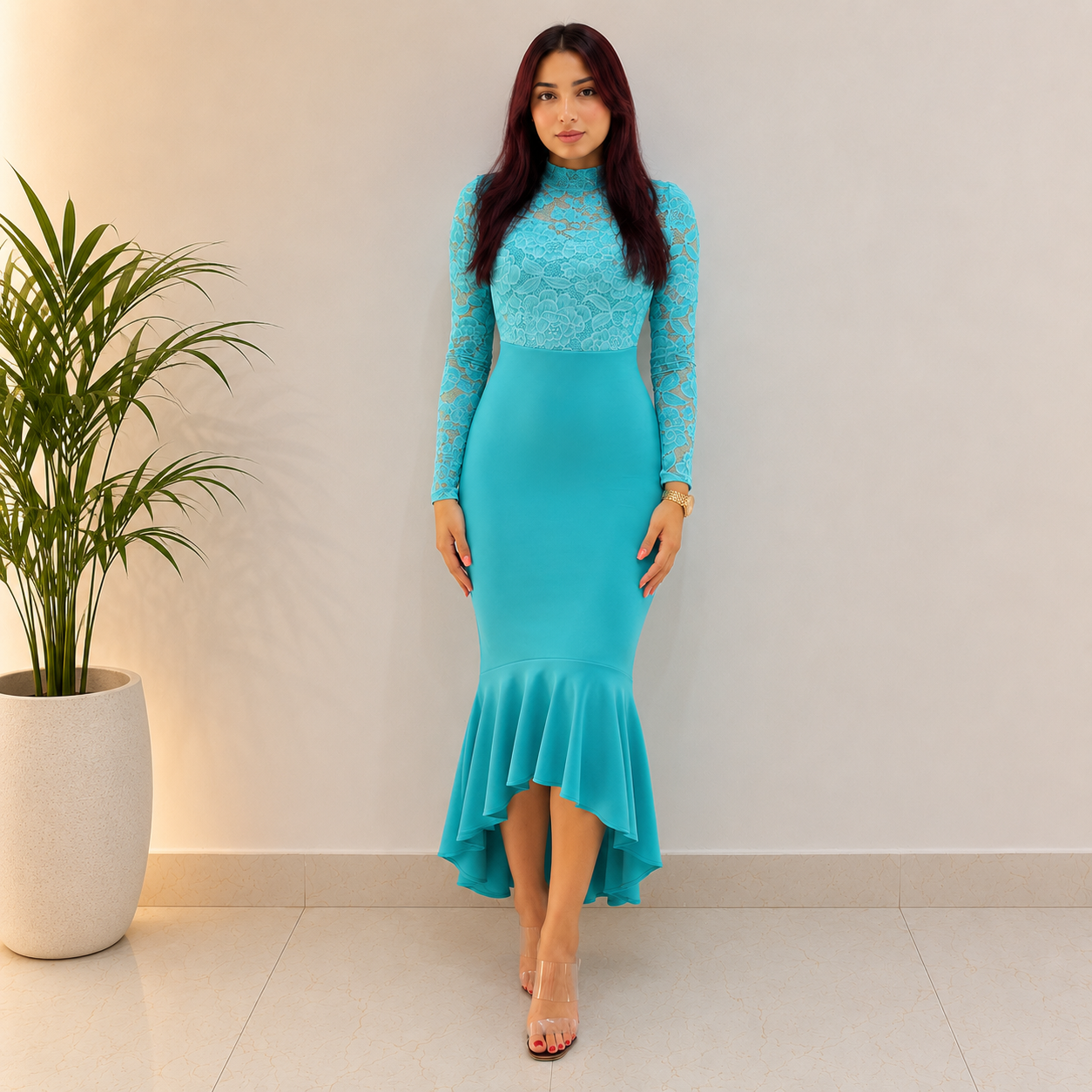 Frill Hem Lace Overlay Bodycon Dress