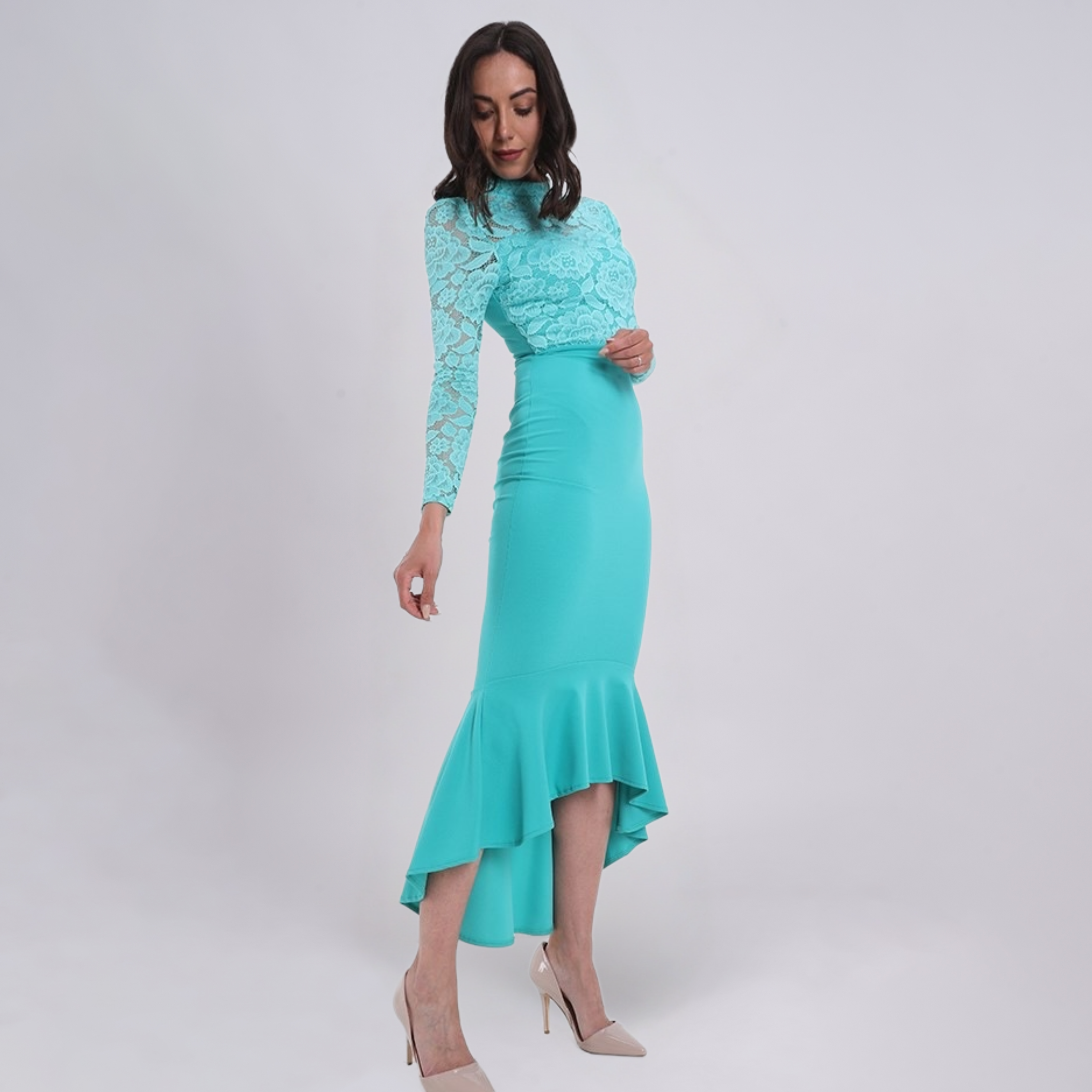 Frill Hem Lace Overlay Bodycon Dress