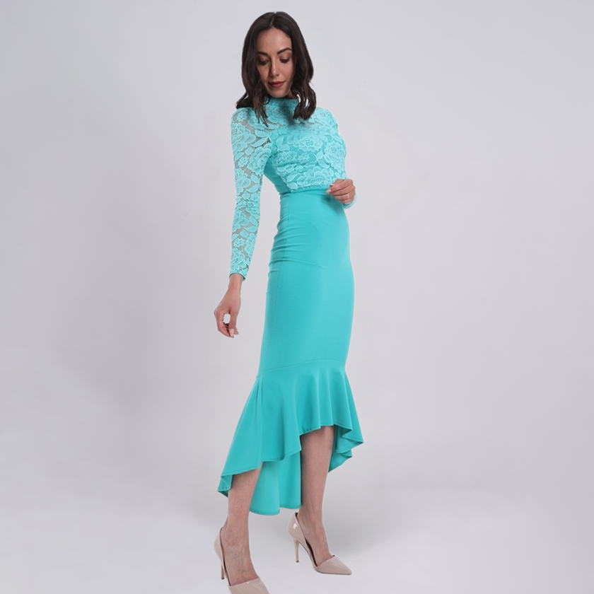 Frill Hem Lace Overlay Bodycon Dress