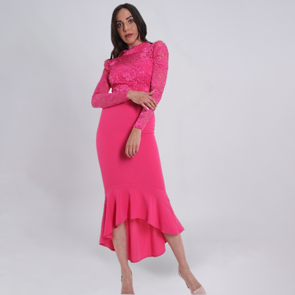 Frill Hem Lace Overlay Bodycon Dress
