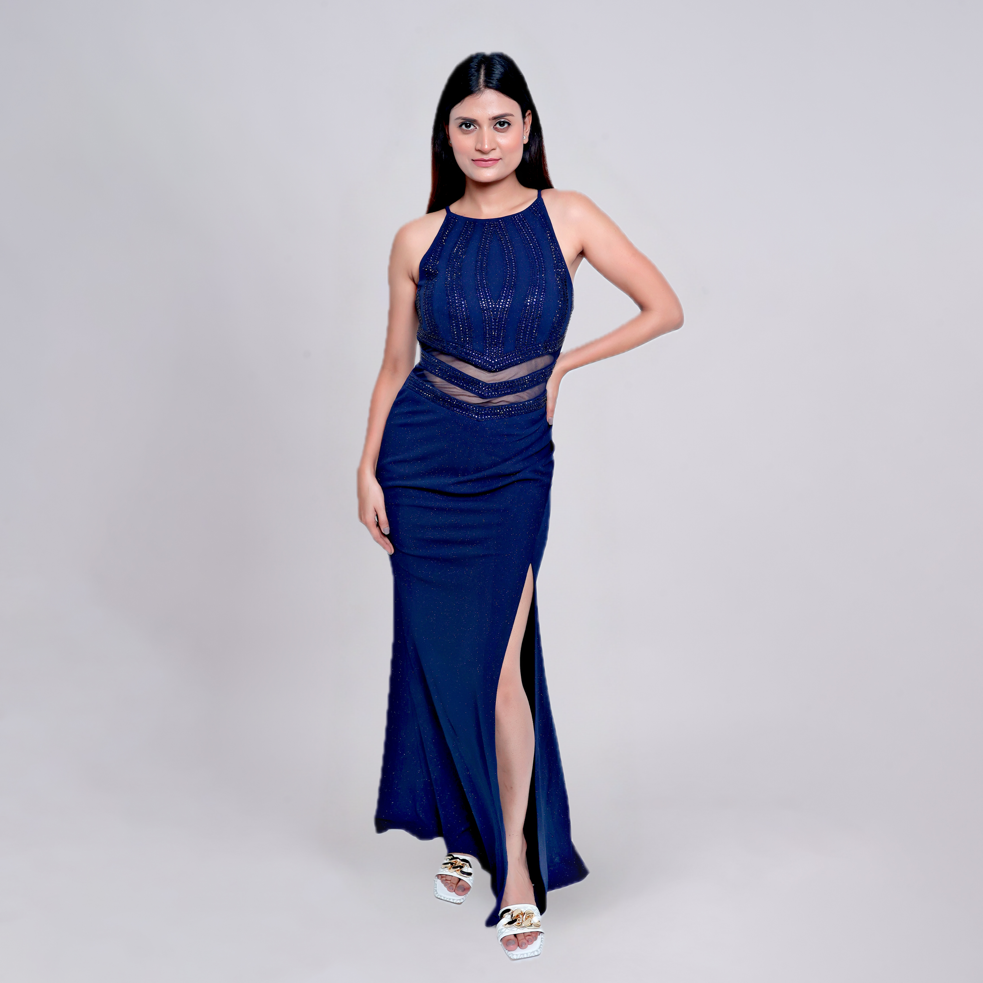 Glitter Halter Neck High Slit Bodycon Maxi Dress