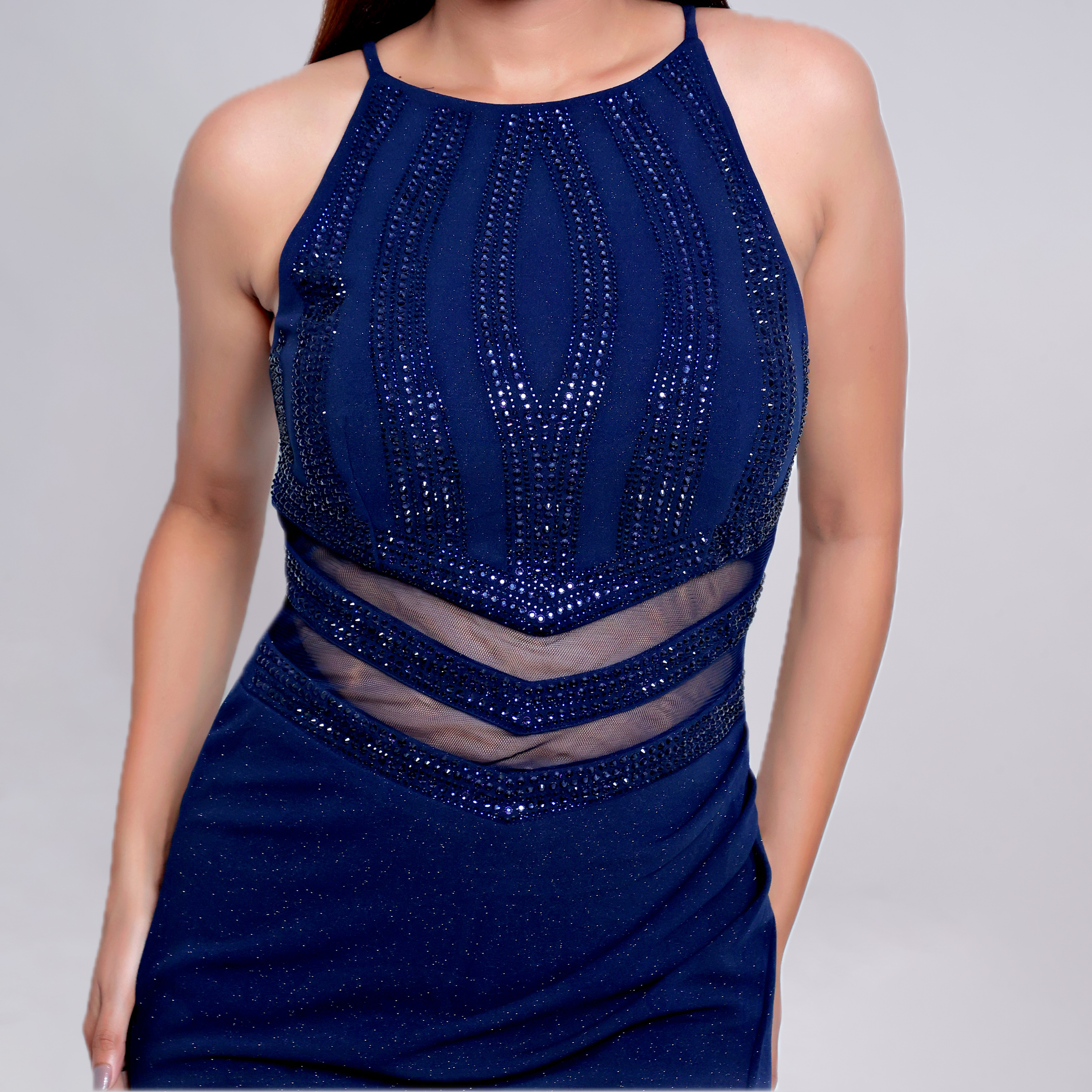 Glitter Halter Neck High Slit Bodycon Maxi Dress