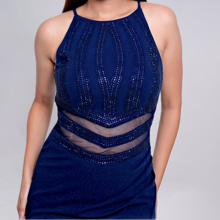 Glitter Halter Neck High Slit Bodycon Maxi Dress